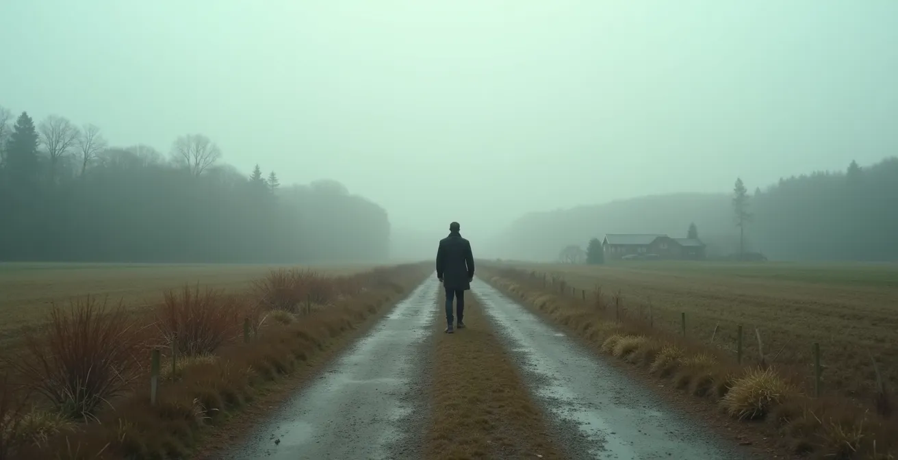 Weitwinkelaufnahme einer Person an einer symbolischen Weggabelung in natürlicher Umgebung