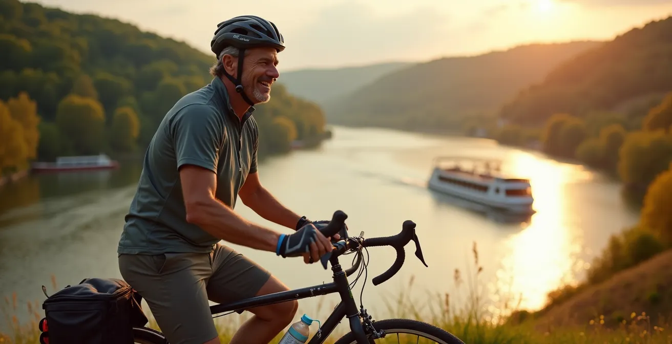 Radfahrer auf dem Elberadweg mit Flussblick und idyllischer Naturlandschaft im Hintergrund