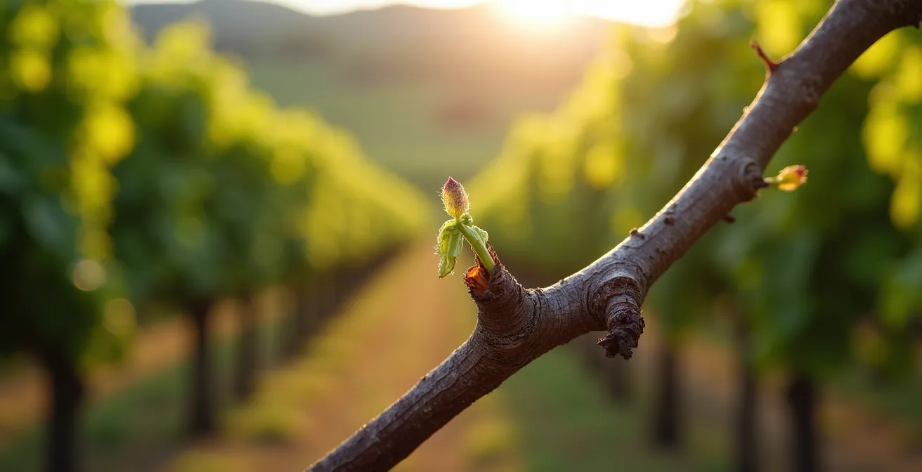 Nahaufnahme einer frisch beschnittenen Weinrebe in einem deutschen Weinberg, die das Potenzial für neues Wachstum symbolisiert