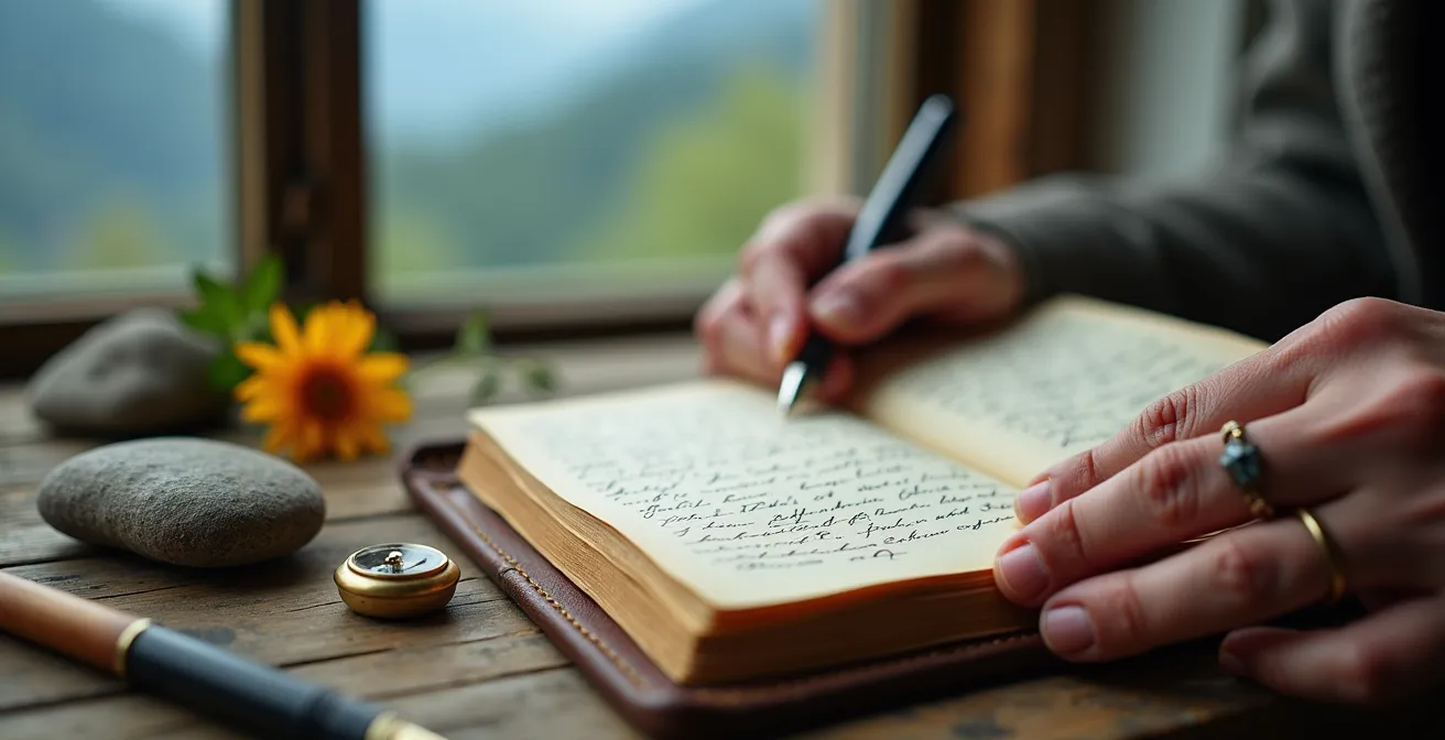 Reisetagebuch mit Naturkulisse im Hintergrund als Symbol für Selbstreflexion auf Reisen