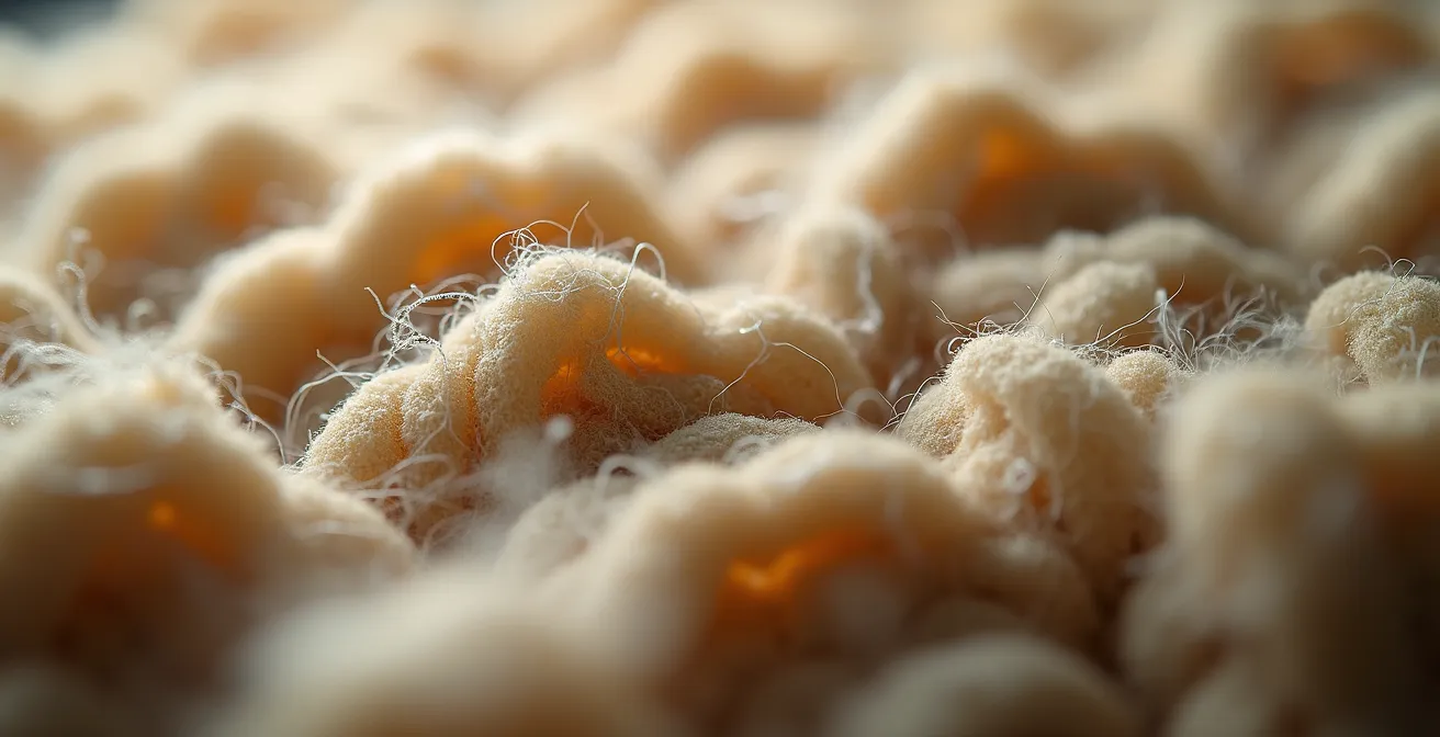 Makroaufnahme von Schafwolle und anderen natürlichen Dämmstoffen, die Schadstoffe filtern können