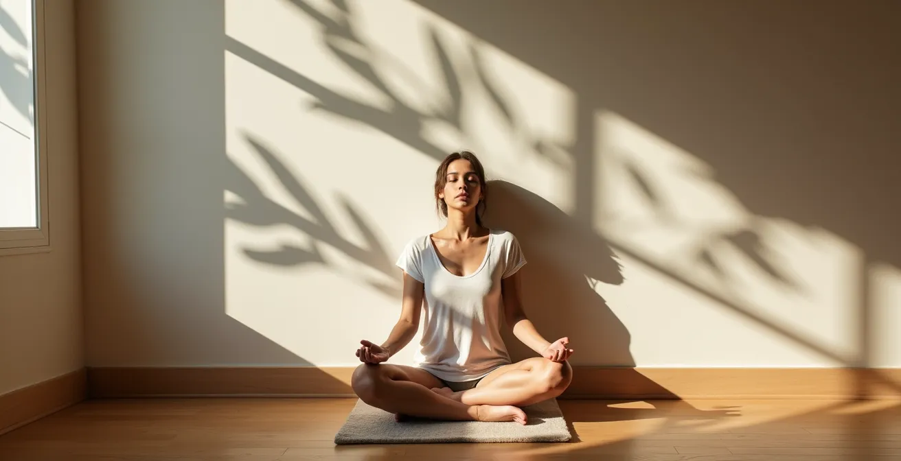 Person in meditativer Haltung mit abstrakten Schatten und Lichtformen, die die Integration von Emotionen symbolisieren.