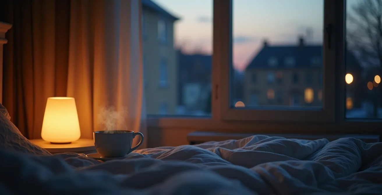 Ruhige Abendszene mit atmosphärischer Beleuchtung zeigt Elemente eines entspannenden Schlafrituals