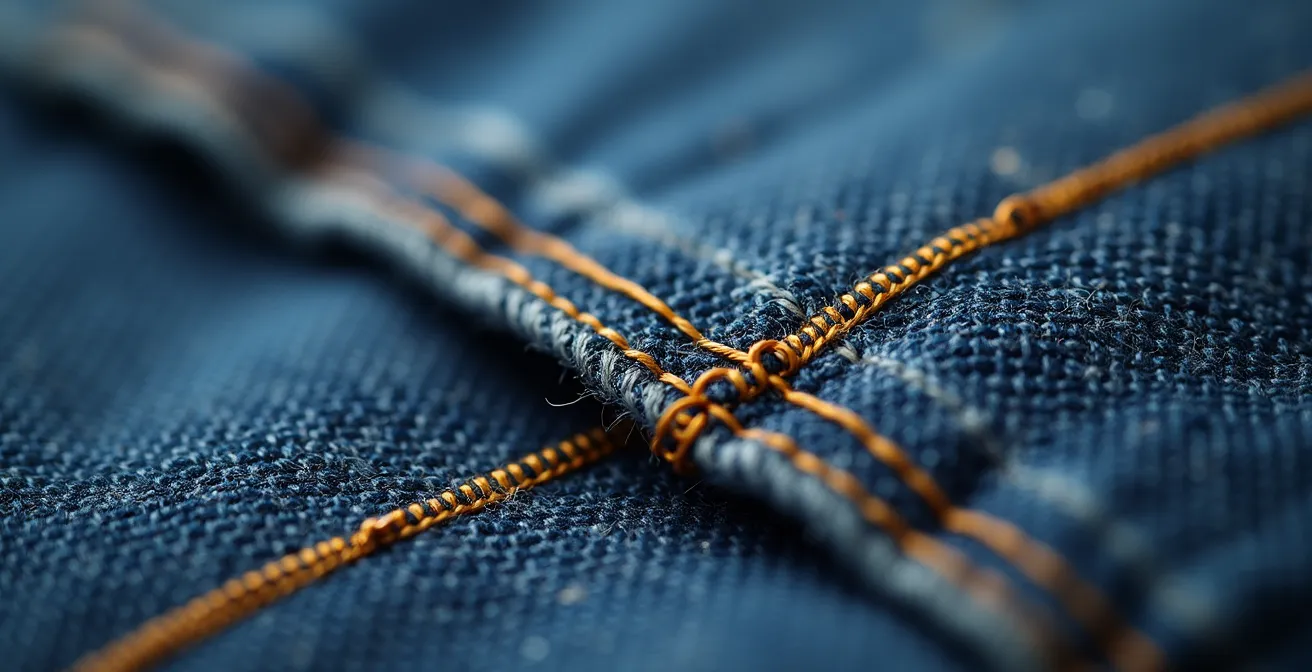 Kunstvolle sichtbare Reparatur an Jeans mit traditioneller Sticktechnik
