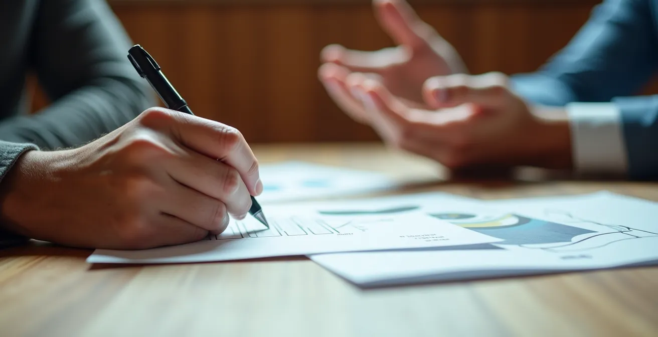 Nahaufnahme von Händen während eines Coaching-Gesprächs, die mit Stift Notizen zu abstrakten Mustern auf Papier machen.