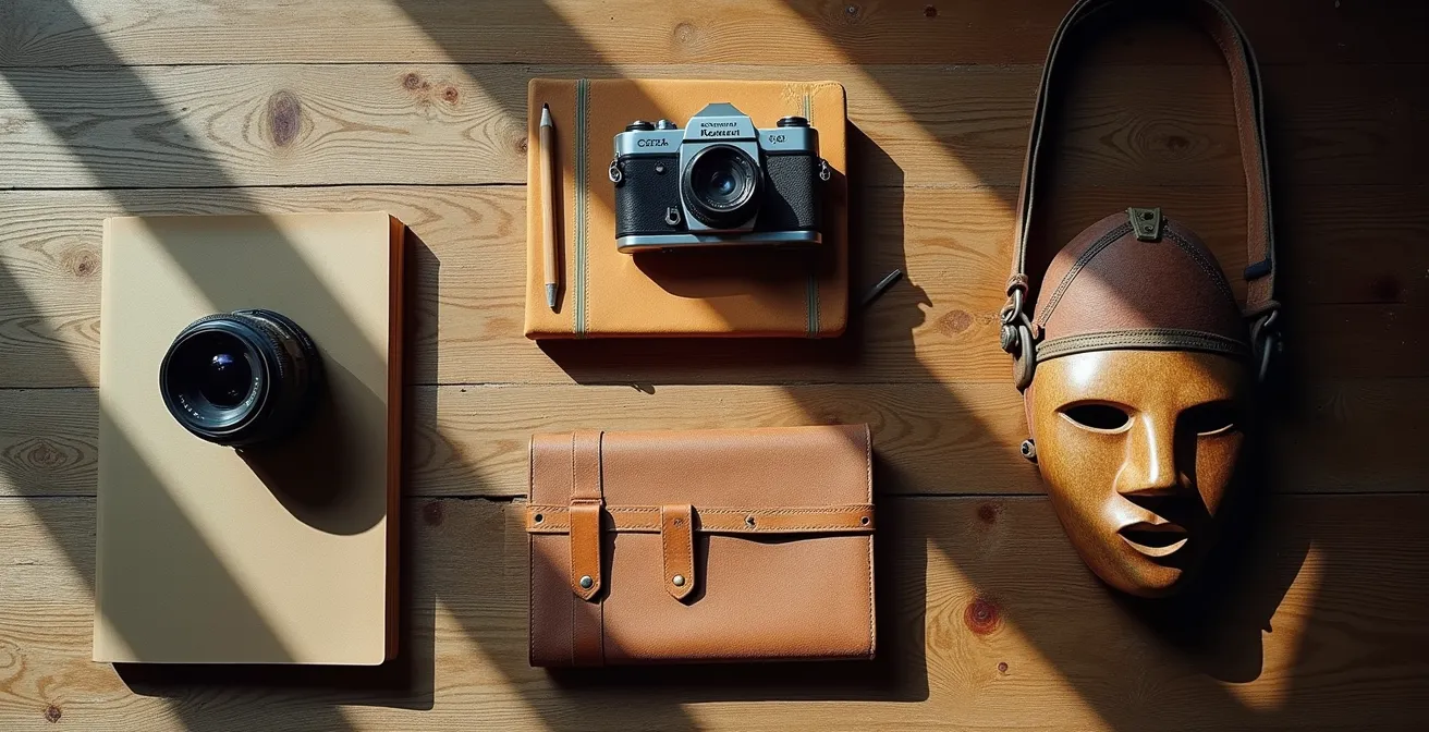 Künstlerische Darstellung verschiedener Reise-Archetypen durch symbolische Gegenstände wie eine Kamera, ein Notizbuch, eine Maske und einen Rucksack.