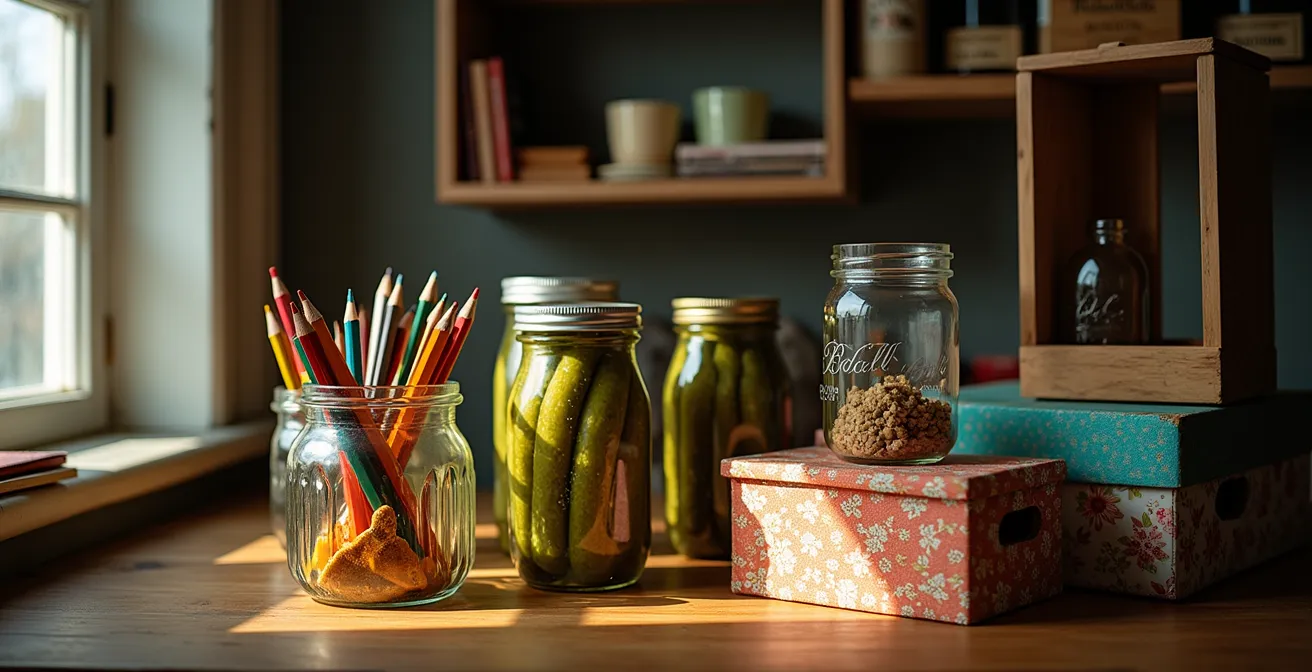 Kreative Upcycling-Lösungen mit Gläsern und Holzkisten als Ordnungshelfer