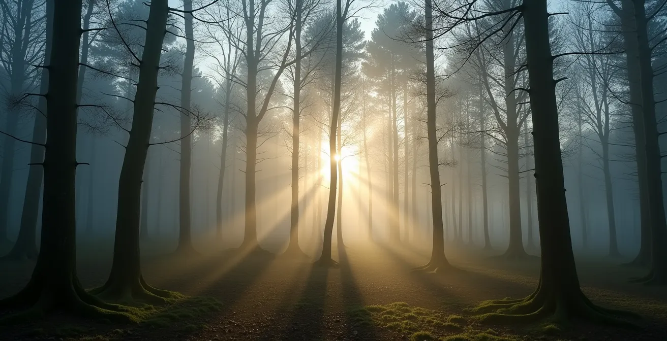Weitwinkelaufnahme eines deutschen Waldes mit Morgennebel und Sonnenstrahlen durch Bäume