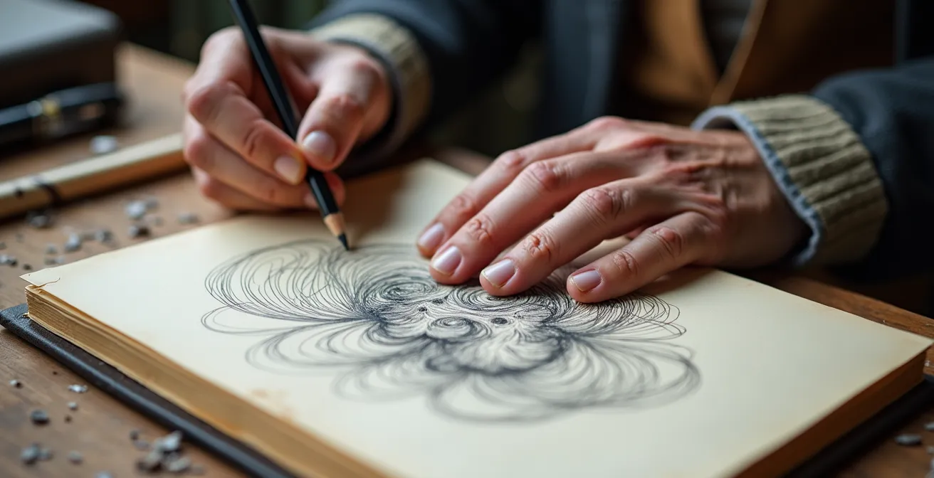 Nahaufnahme von Händen beim Zeichnen in einem Skizzenbuch, symbolisiert tägliche Wertepraxis