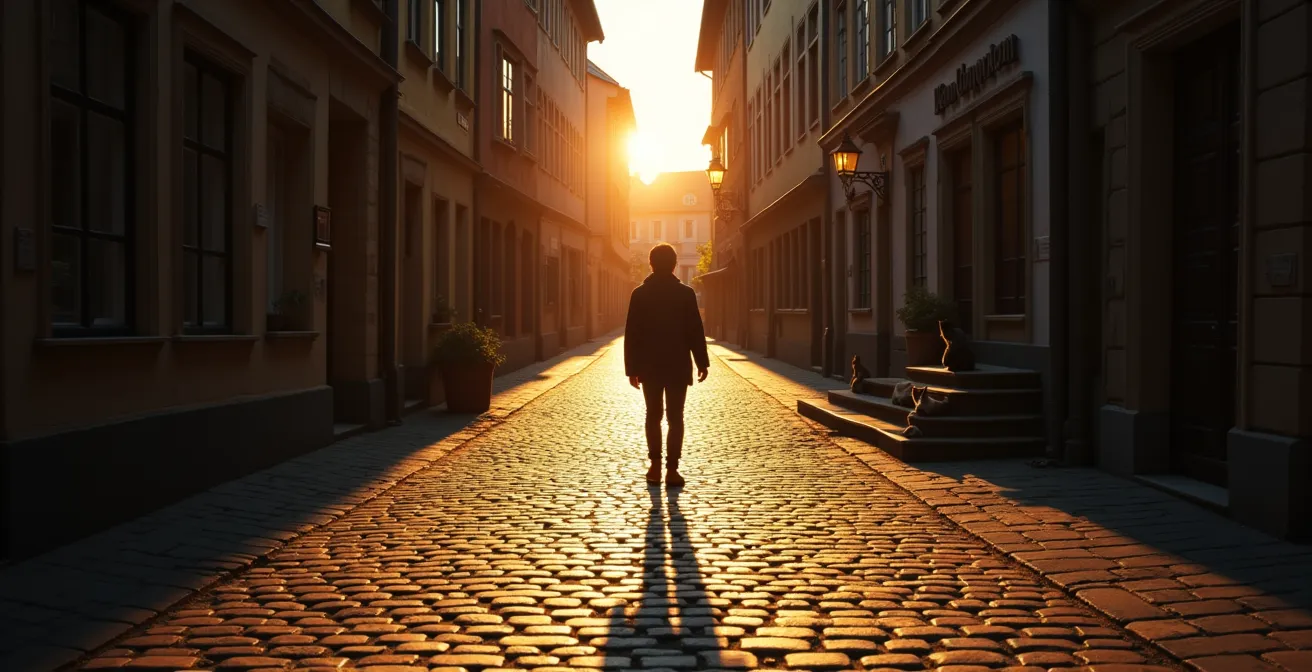 Person beim meditativen Spaziergang durch historische Gassen einer deutschen Altstadt