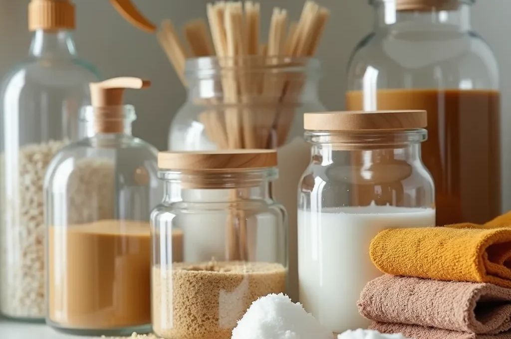 Makroaufnahme von organisierten Reinigungsmitteln und natürlichen Putzmaterialien